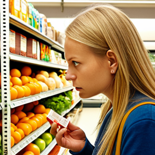A person in a modern Swedish supermarket, intently examining a food label with a curious and determined expression. The background is filled with vibrant, fresh organic fruits and vegetables, suggesting a journey towards conscious and "clean" eating. The lighting is bright and clear, emphasizing clarity and new insight.