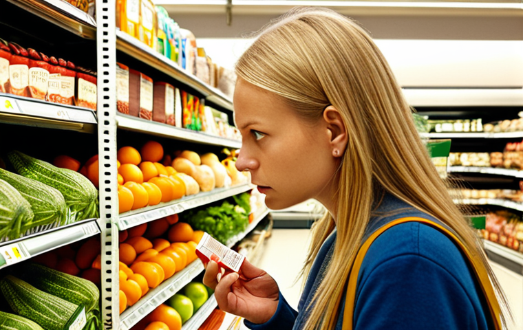 A person in a modern Swedish supermarket, intently examining a food label with a curious and determined expression. The background is filled with vibrant, fresh organic fruits and vegetables, suggesting a journey towards conscious and "clean" eating. The lighting is bright and clear, emphasizing clarity and new insight.