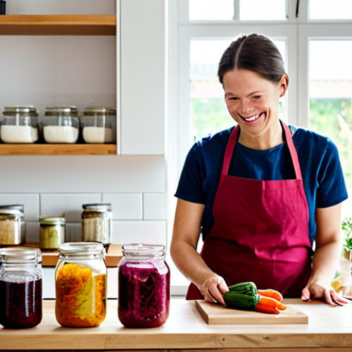 Home 15 Modern Fermentation Scene**
A bright and airy modern kitchen. A woman in her 30s, wearing a casual but professional-looking apron and fully clothed, is smiling as she inspects jars of colorful fermented vegetables (sauerkraut, kimchi, pickled beets) on a countertop. Jars are neatly labeled. Natural light streams in from a window overlooking a Swedish garden. The scene includes typical Swedish kitchen decor: wooden elements, clean lines. "Safe for work," "appropriate content," "fully clothed," "family-friendly," "professional photography," "perfect anatomy," "natural proportions."
**