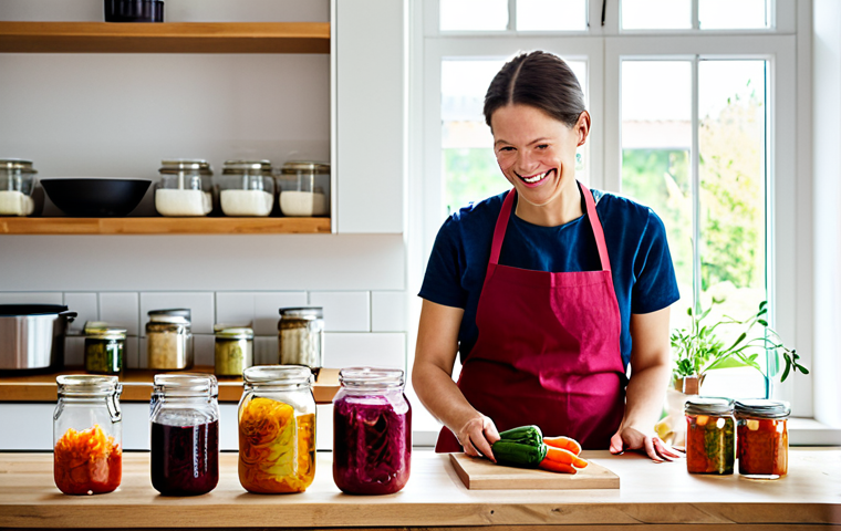 Modern Fermentation Scene**
A bright and airy modern kitchen. A woman in her 30s, wearing a casual but professional-looking apron and fully clothed, is smiling as she inspects jars of colorful fermented vegetables (sauerkraut, kimchi, pickled beets) on a countertop. Jars are neatly labeled. Natural light streams in from a window overlooking a Swedish garden. The scene includes typical Swedish kitchen decor: wooden elements, clean lines. "Safe for work," "appropriate content," "fully clothed," "family-friendly," "professional photography," "perfect anatomy," "natural proportions."
**